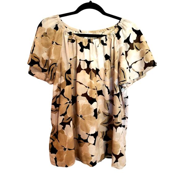 Terra and Sky Tan Black Floral Linen Blend Peasant Blouse Ruffle 0X 14W - Picture 1 of 7